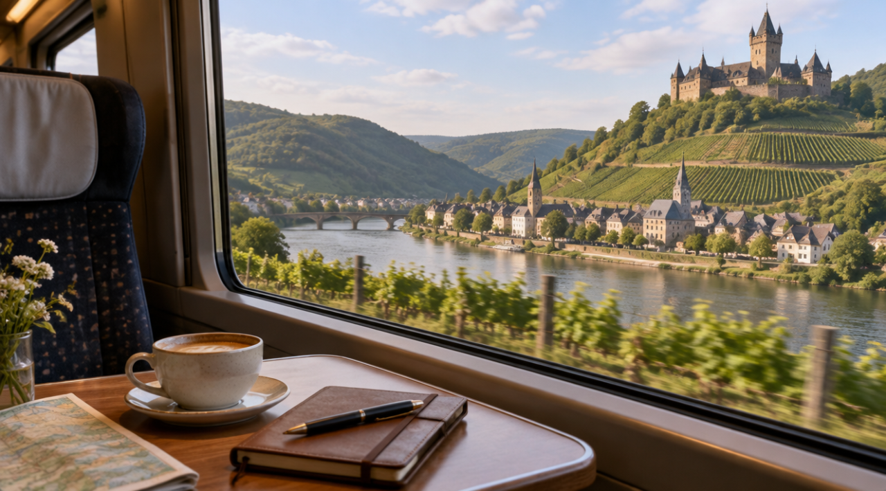 Tren care străbate o vale verde cu vii și un castel pe deal, cu o ceașcă de cafea și un caiet pe masa de la fereastră