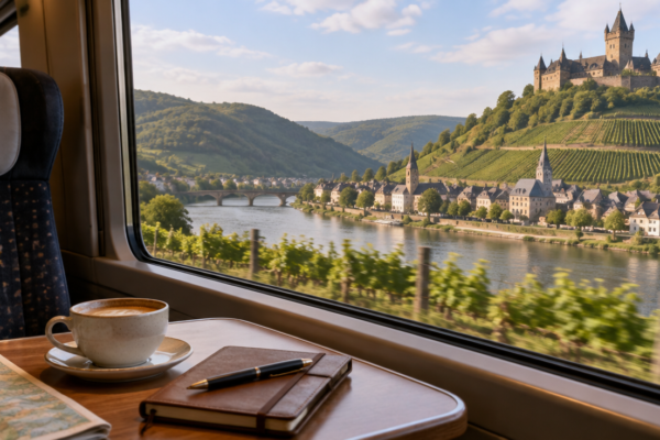 Tren care străbate o vale verde cu vii și un castel pe deal, cu o ceașcă de cafea și un caiet pe masa de la fereastră